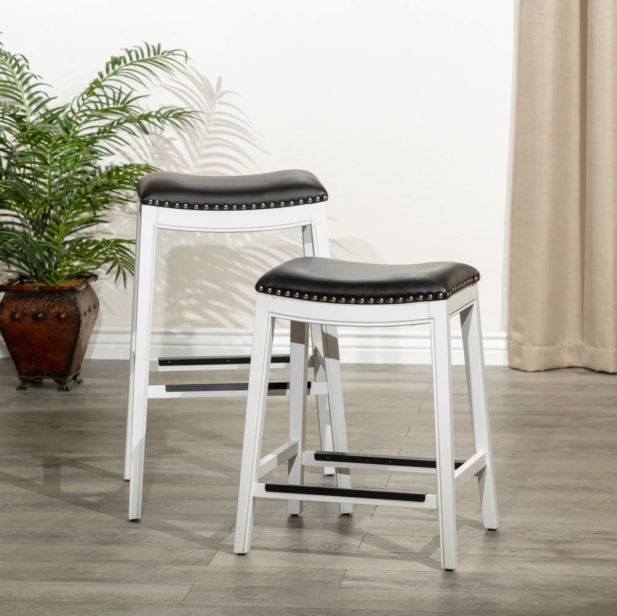 24' Counter Stool, White Finish, Black Leather Seat - DTYStore