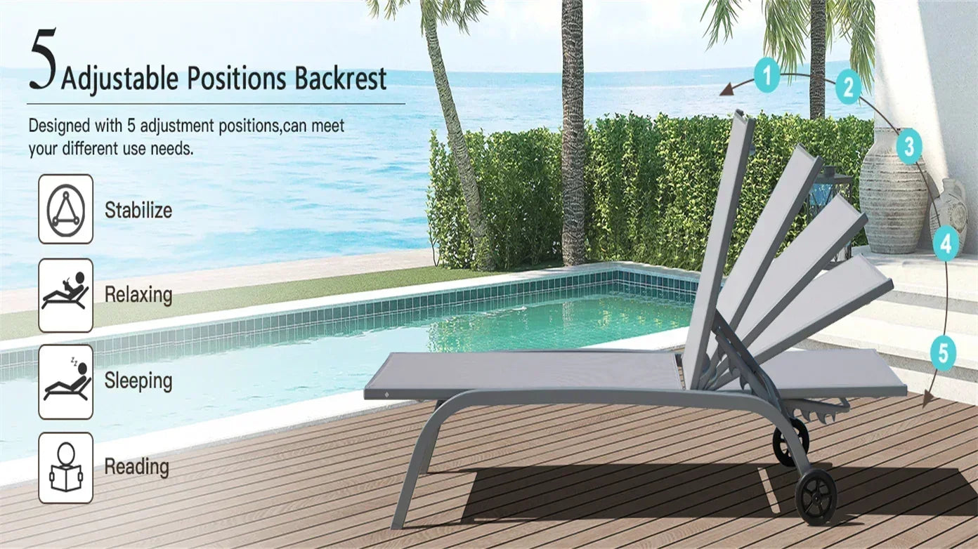 Chaise Lounge Outdoor Set of 3, Lounge Chairs for Outside with Wheels, Outdoor Lounge Chairs with 5 Adjustable Position, Pool Lounge Chairs for Patio, Beach(Grey,2 Lounge Chairs+1 Table) - DTYStore