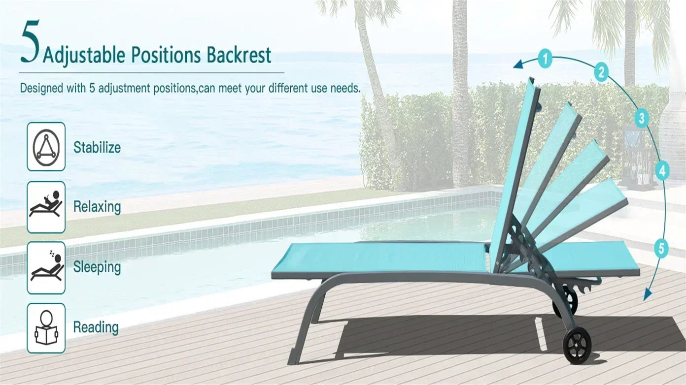 Chaise Lounge Outdoor Set of 2, Lounge Chairs for Outside with Wheels, Outdoor Lounge Chairs with 5 Adjustable Position, Pool Lounge Chairs for Patio,Beach,Poolside(Lake Blue,2 Lounge Chairs) - DTYStore