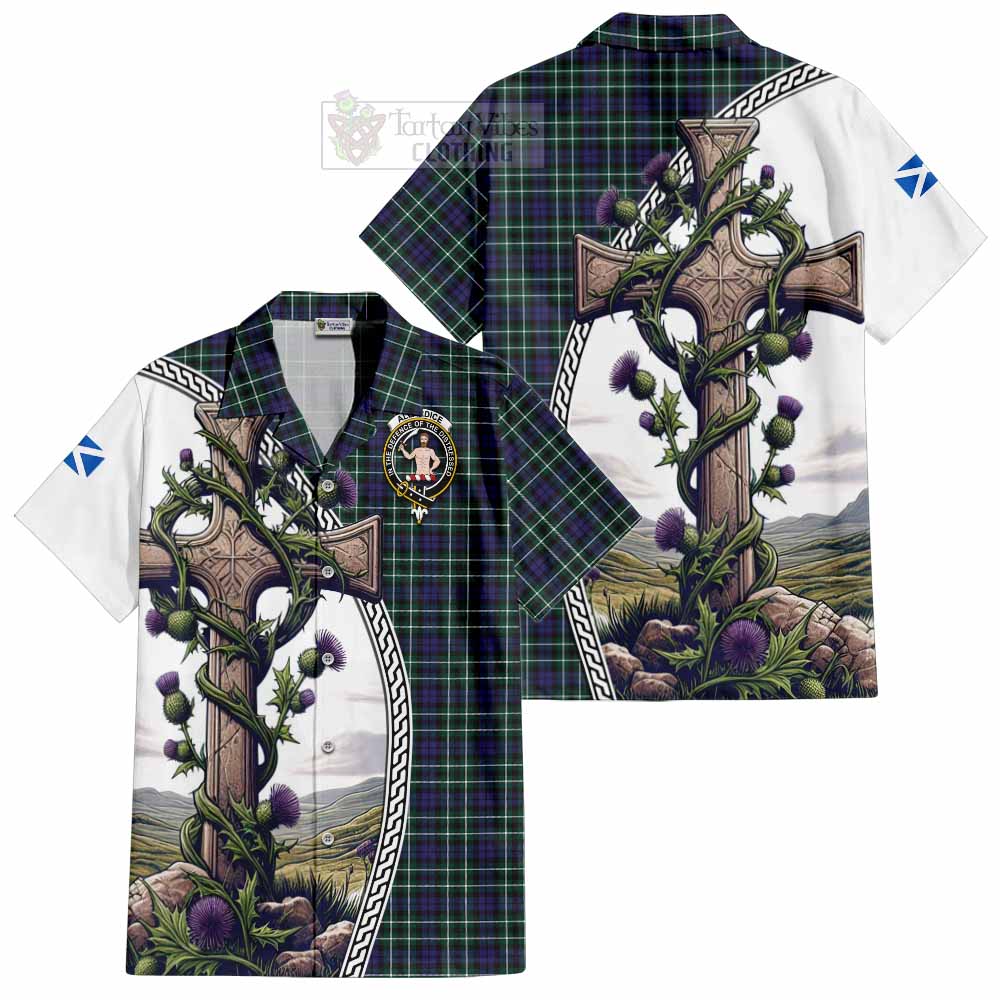 Allardice Tartan Short Sleeve Button Shirt with Family Crest and St. Andrew's Cross Accented by Thistle Vines