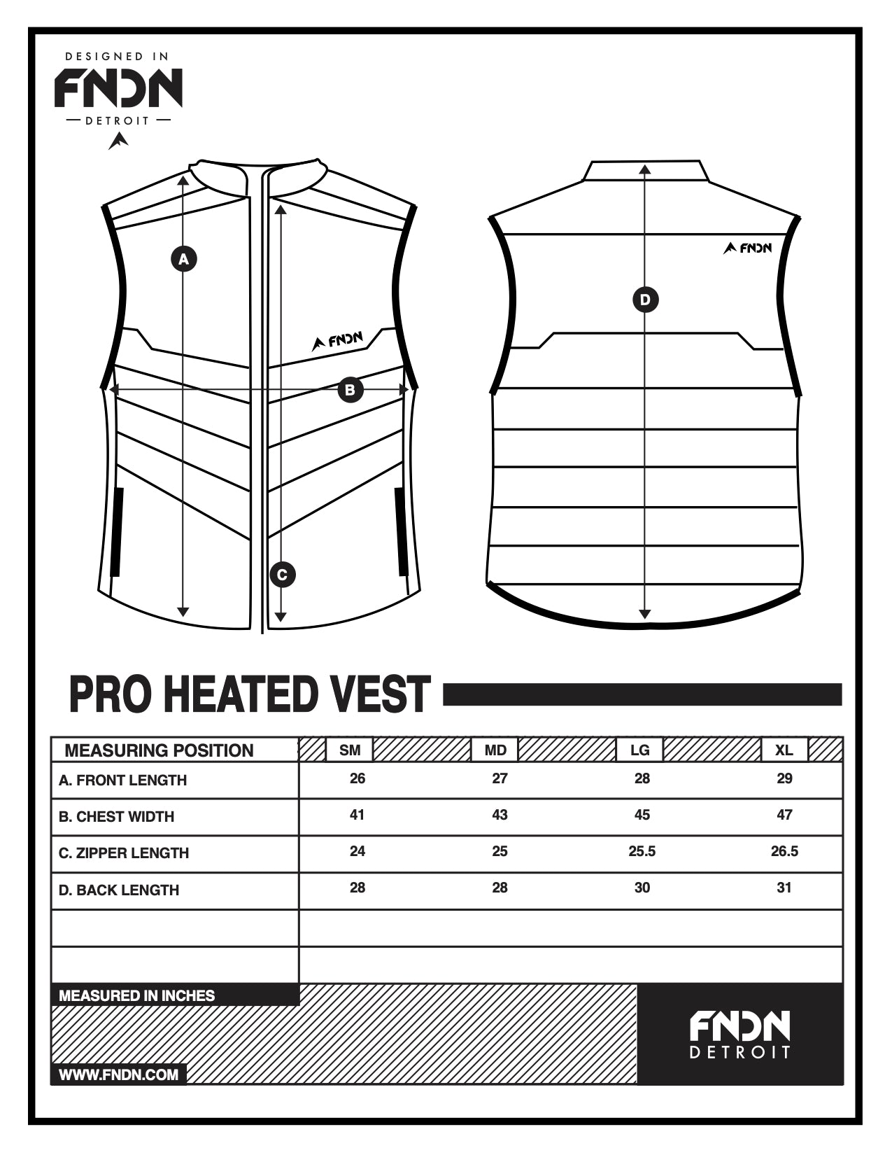 FNDN Heated Vest Pro Sizing Chart