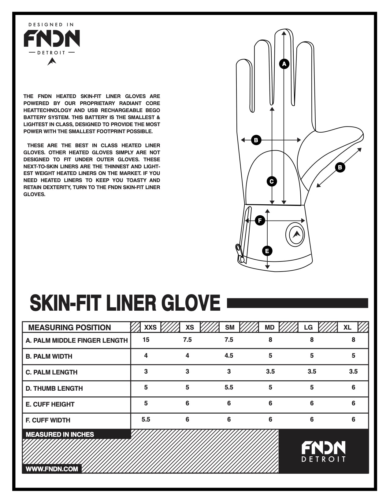 Skin Fit Liner Glove Sizing Chart