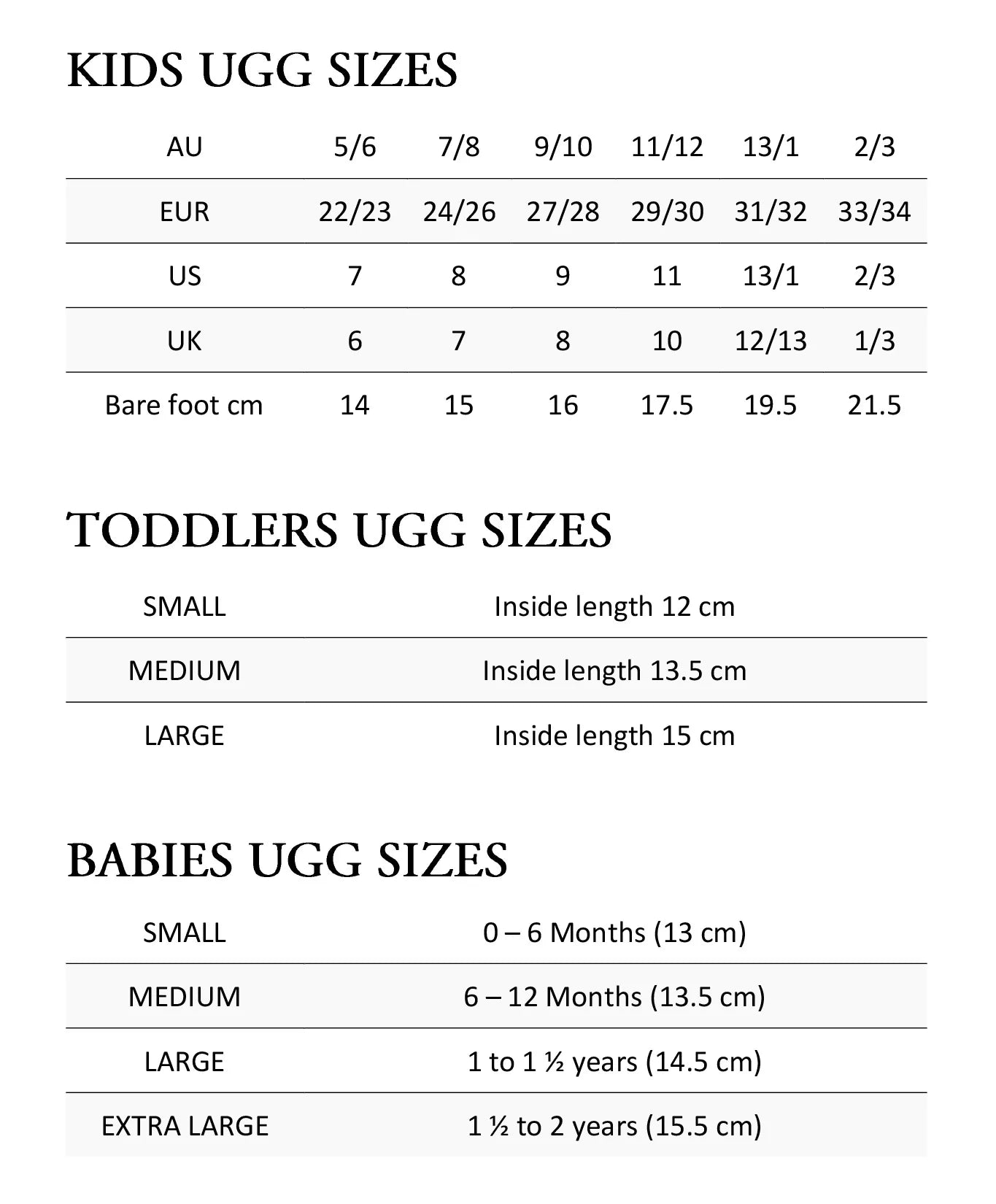 UGG Specialist Size Chart