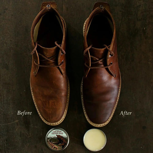 before and after of a shoe after using leather balm
