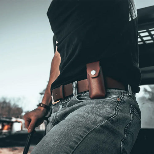 man wearing leather belt with Klein Electrician Sheath