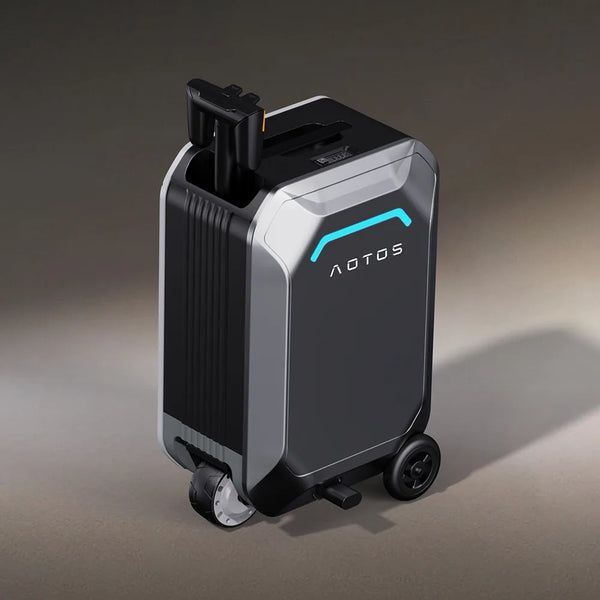 Studio image of the AOTOS L2 rideable smart electric suitcase with an illuminated blue LED logo, retractable handlebar, and dual-wheel motorized base.