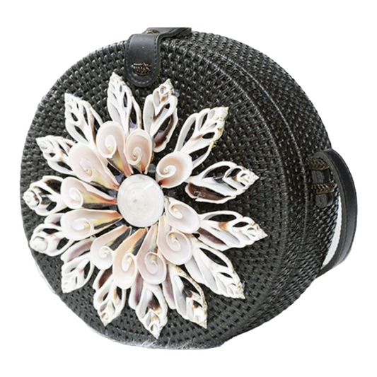 Round Rattan Bali Bag with Front Floral/Star Design - The Daily Belle