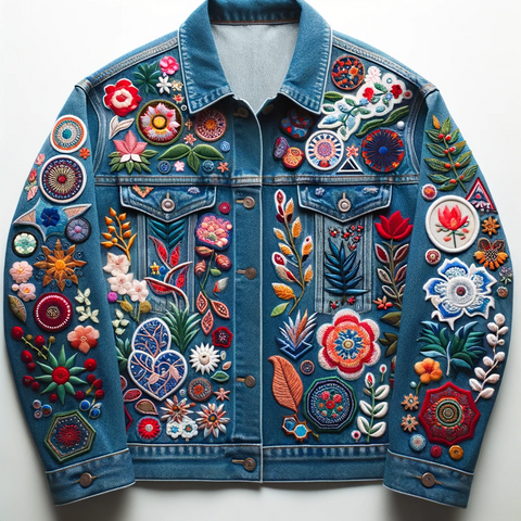 Custom Patches on Custom Denim Jacket against a White Background | Paddy's Patches Designs