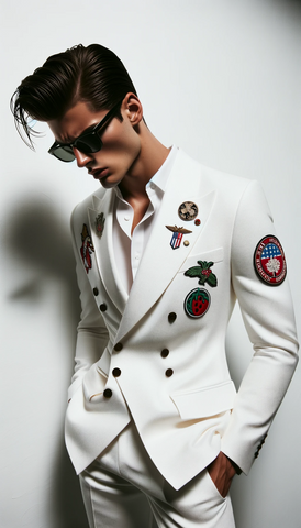 Male Model Wearing Elegant Double-Breasted white suit adorned with classic iron on and sew on patches! A great look!