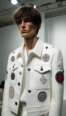 Model with elegant, stylish, classy white suit jacket with custom embroidered sew on patches