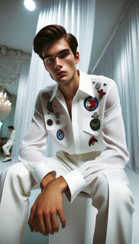 Male Model sitting in white pants with a classic white dress shirt adorned with colorful bright custom Iron on and sew on patches making his outfit very personalized and unique.