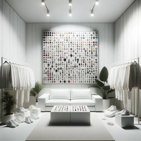 A minimalist wardrobe or dressing room. All white clothing and furniture with a wall of colorful patches, appliques, pins, and buttons.