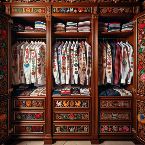 A vintage style closet with mens custom clothing adorned with beautiful stylish custom patches!