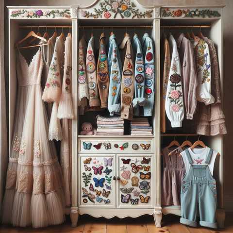 A patch collectors dream closet with womens and kids clothing heavily adorned with sew on patches and embrooidery
