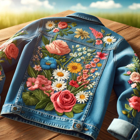 This image features a stylish denim jacket adorned with vibrant floral patches, laid out against a spring-inspired backdrop.