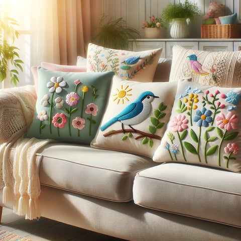 A cozy living room setting featuring several plush pillows decorated with spring-themed patches, creating a warm and inviting atmosphere.