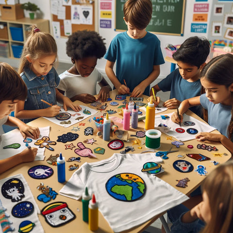 A group of children at a school craft table, actively engaged in designing personalized T-shirts with a variety of colorful patches. This scene emphasizes the educational and creative aspects of patch crafting in a school environment.