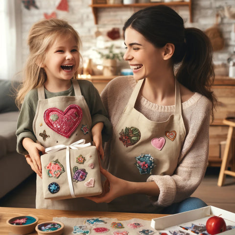 A cozy home setting where a child is giving a handmade gift to a parent, showcasing a beautifully customized apron adorned with creative patches. This image captures the joy and pride of giving handmade gifts, highlighting the emotional rewards of craft activities.