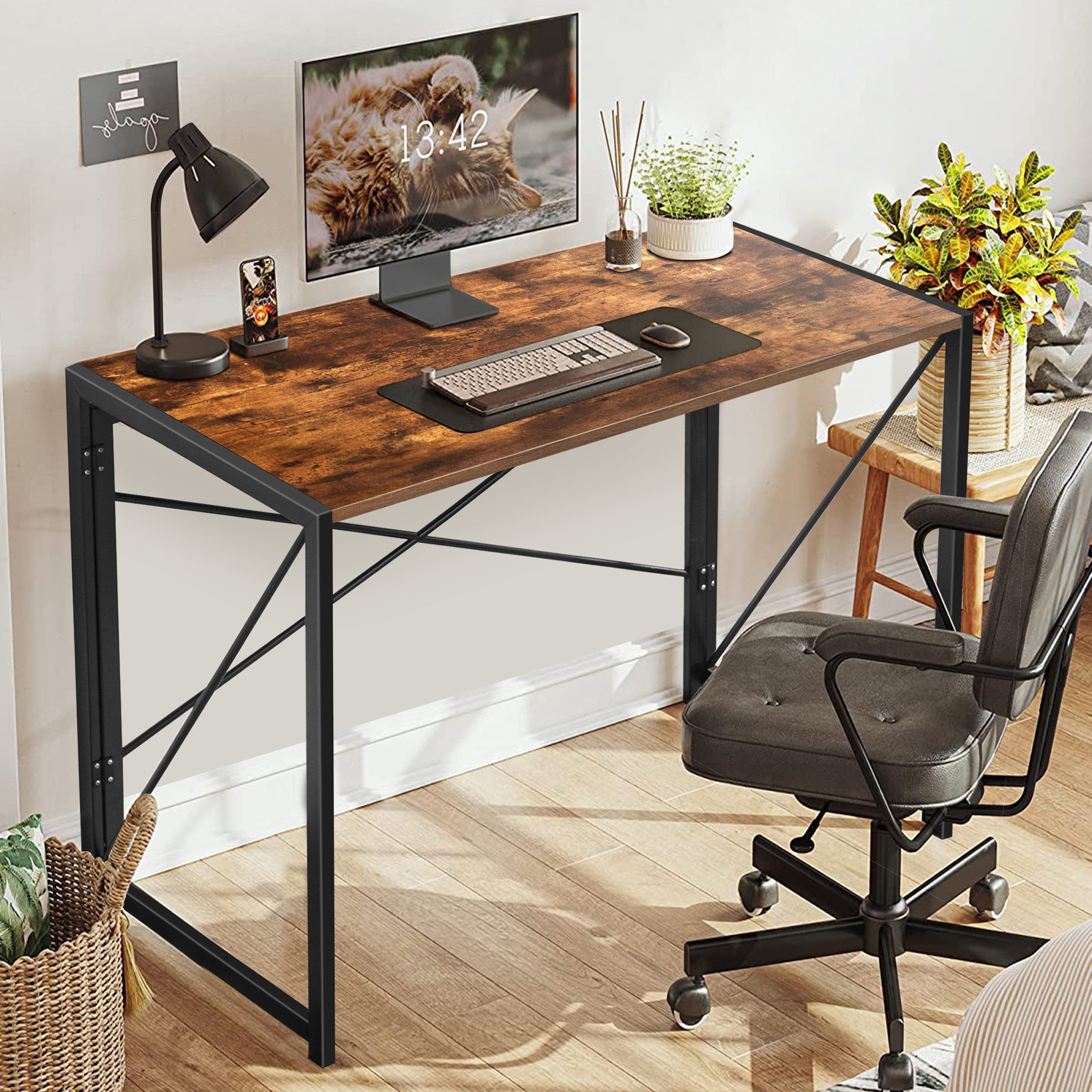 Easyfashion Industrial Computer Desk with Monitor Stand, Rustic Brown/Black