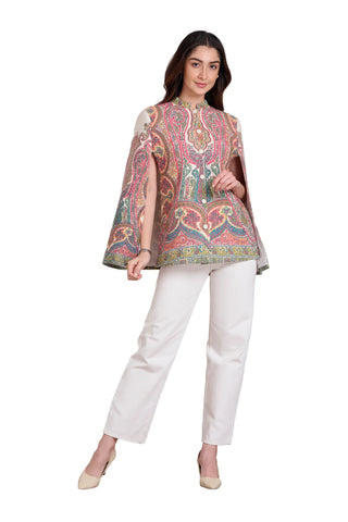 White Multicolor Embroidered Vintage Kashmir Cape: