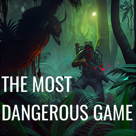 Title image for 'The most dangerous game' depicting a hunter in the jungle.