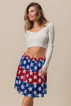 American Flag Theme Star Sequin Tiered Skirt - Knitted Belle Boutique