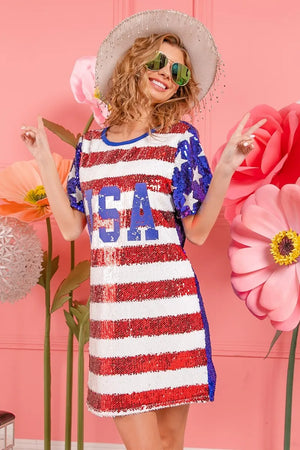 American Flag Theme Usa Print Sequin Dress - Knitted Belle Boutique