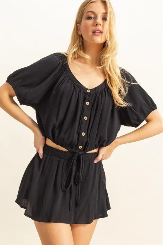 Drawstring Hem Short Sleeve Top and Skort Set