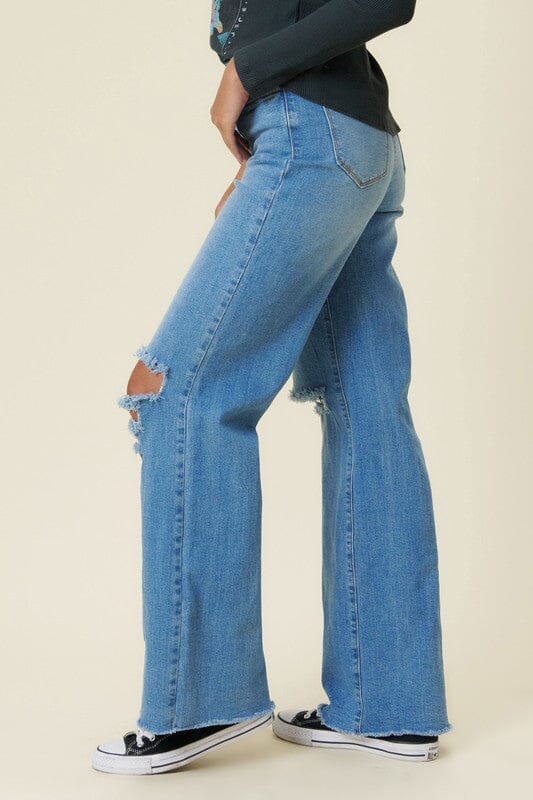 DISTRESSED WIDE CUT STRAIGHT LEG JEANS - Knitted Belle Boutique