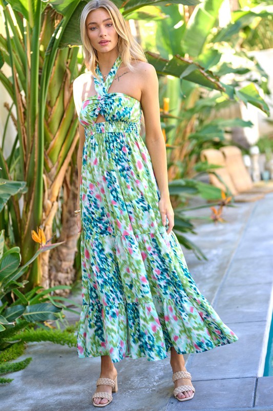 PRINTED SMOCKED RUFFLE MAXI DRESS - Knitted Belle Boutique