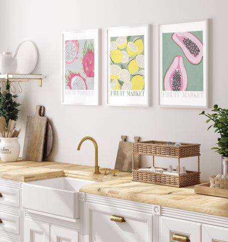 Fruit Market set of 3 including Lemons, Papaya and dragon fruit pictured in a beautiful white and wooded kitchen. 