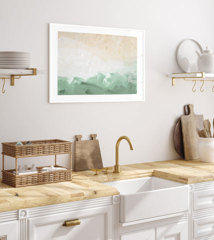 Abstract ocean framed print pictured in a neutral Kitchen. 