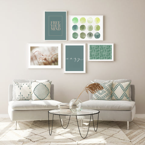 Sage green gallery shot in neutral living room.