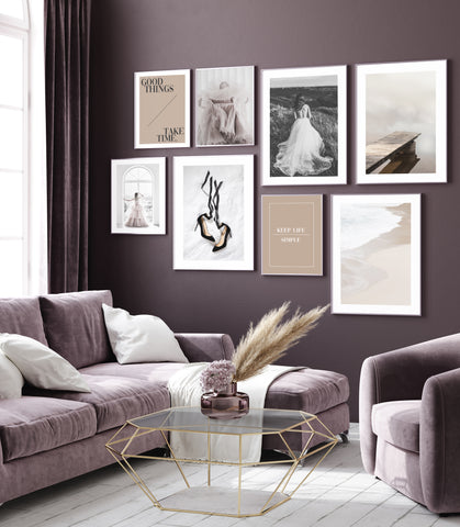 Neutral gallery wall including fashion photography wall art. 