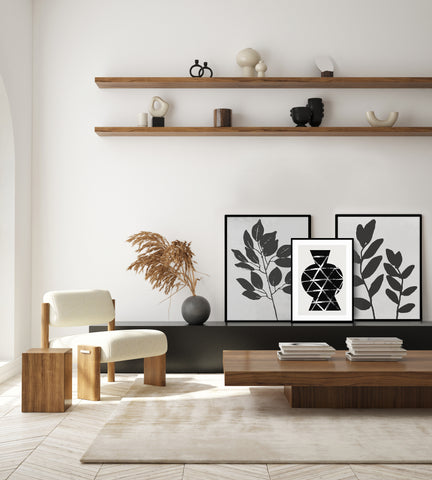 black and white graphic wall art in a neutral living room. 