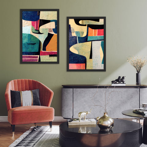 Set of 2 colourful abstract wall art with blue, orange, pink and green tones pictured in a jade green living space. 