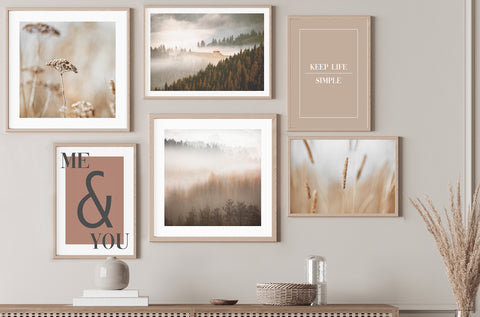Nature inspired gallery wall with landscape and botanical photography. 