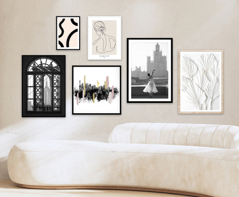 black and white gallery wall including black and white photography wall art. 