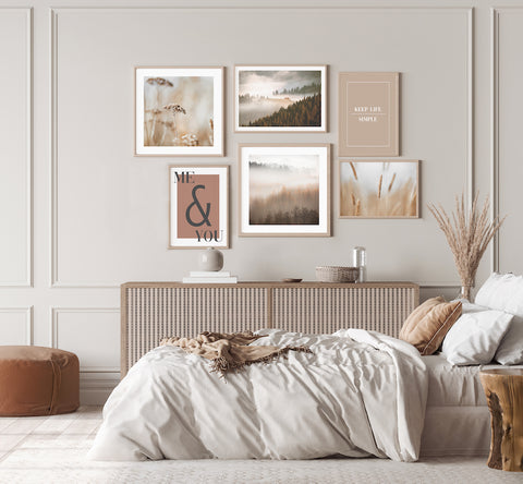 Bedroom Gallery wall including landscape framed prints.