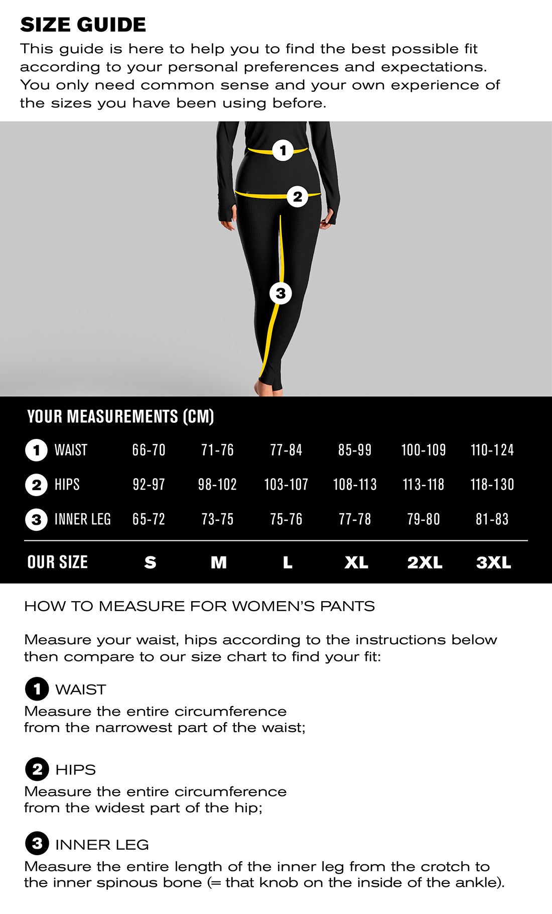 size guide - women's stealth pantt