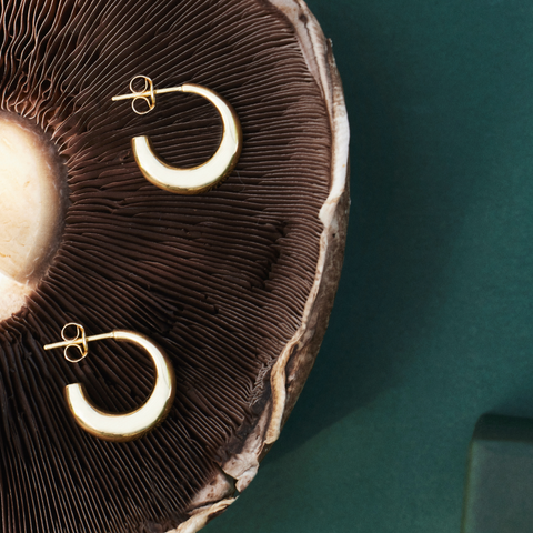 two different gold hoop earrings. One is flat and one is chunky in it's design. Both placed on a mushroom making them look exclusive and elegant on the organic shape of the mushroom. All on a green background. It is 18 karat, recycled, solid gold jewellery.