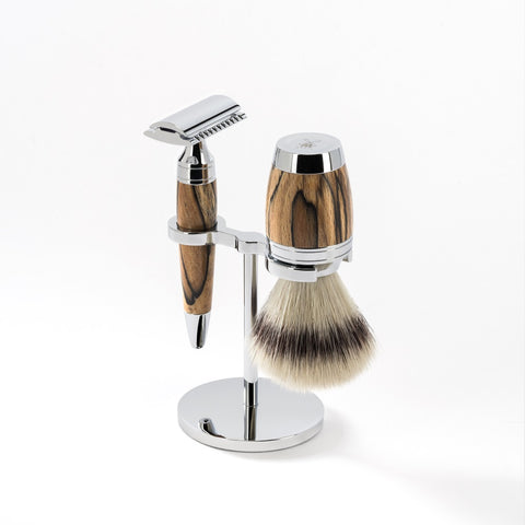 MÜHLE STYLO Spalted Beech Silvertip Fibre Brush and Safety Razor Shaving Set