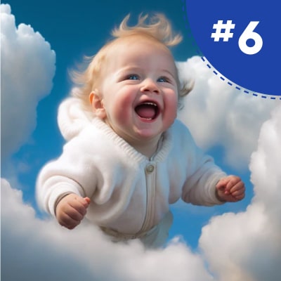 Smiling baby in white outfit among fluffy clouds with blue sky in the background.