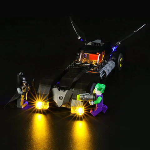 LEGO Batman Pursuit of Joker assembled set with Lightail lights on black background