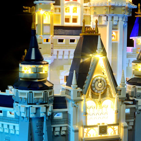 Close up image of LEGO Disney Castle 71040 with Lightail lighting kit