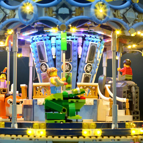 Close up image of LEGO Carousel with custom lights added
