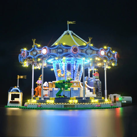LEGO Carousel Set 10257 with Custom Lightail Lights on a table with a black background