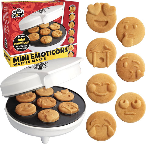 Mini Emojis Waffle Maker - Create 7 Cool Unique Smiley Face Waffles or Pancakes w Electric Non Stick Waffler Iron - Featuring a Kiss Face, Heart Eyes, Smile & More, Cute Easter Morning Breakfast