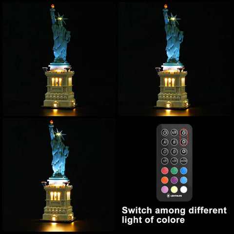 3 photos of the LEGO Statue of Liberty Set, Lit up by Lightailing custom light set, plus remote control