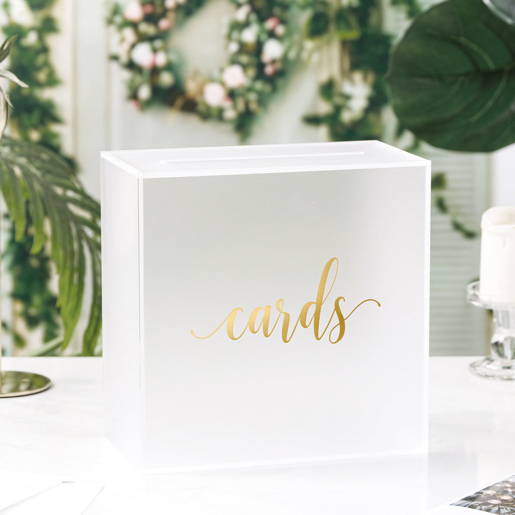 Acrylic Wedding Card Box, White / Gold Print